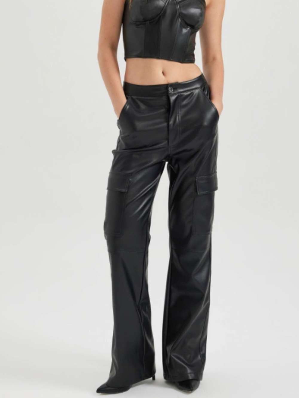 DEFACTO Modest Black Faux Leather Cargo Pockets Wide Straight Leg Pants 10 NWOT